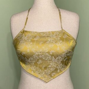 Pretty Garbage Gold Satin Floral Print Halter Top Cropped Boho Fairy Women’s S